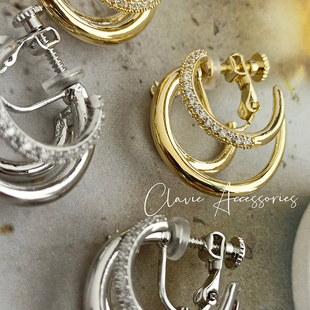 日本树脂软垫耳夹螺丝螺旋圆圈简约多个耳洞效果金色银色耳钉耳环