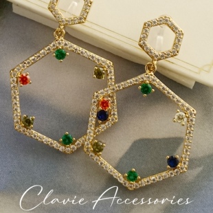 手工精镶嵌彩色人造宝石蜂巢六边形几何耳环耳钉无耳洞树脂耳夹女