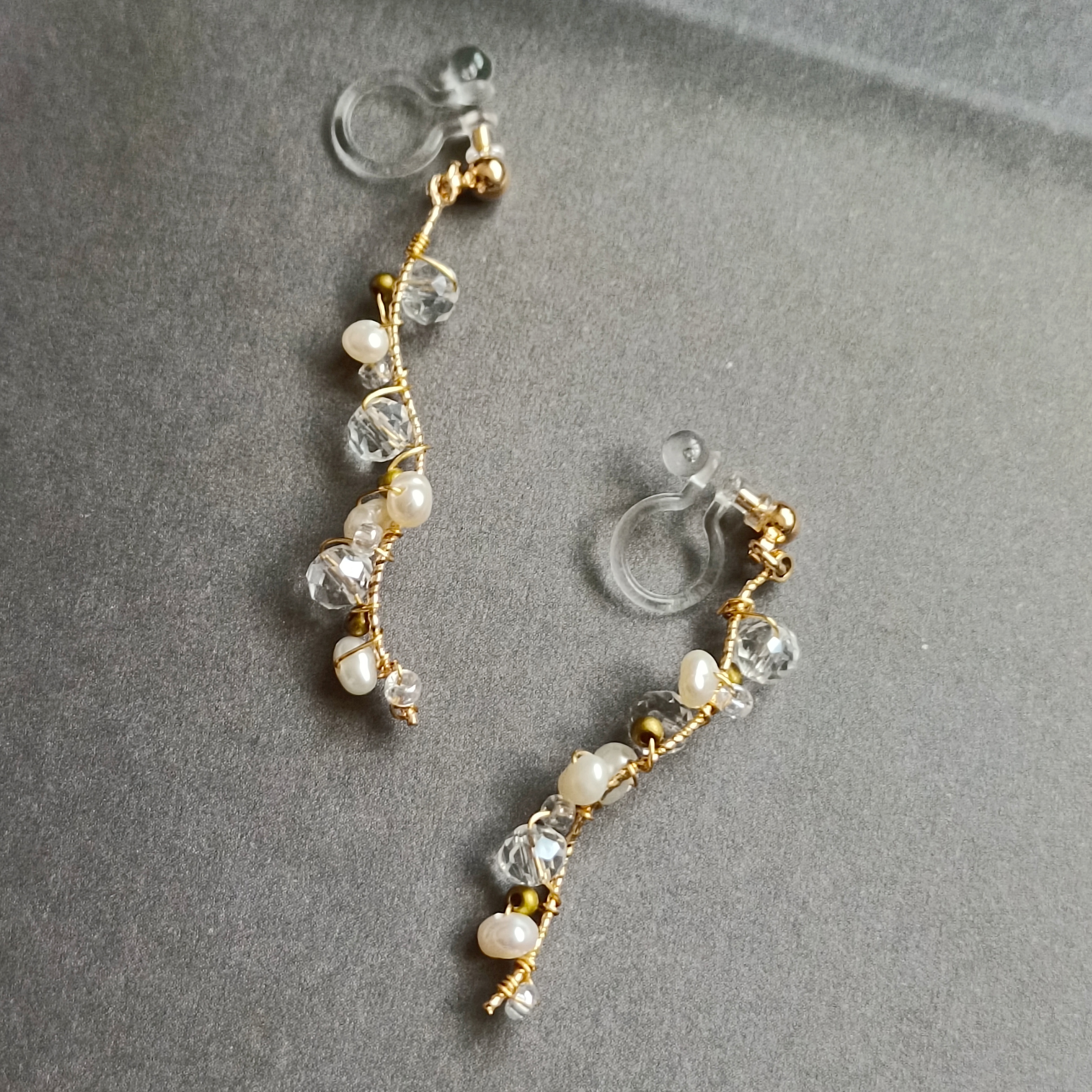 日系精致手工制作天然淡水珍珠水晶串珠曲线缠绕耳钉树脂u型耳夹