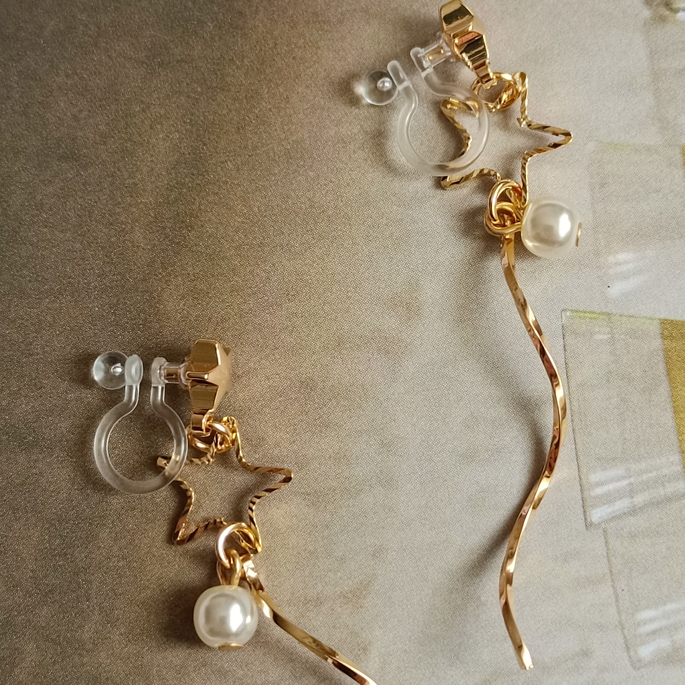 日系简约精致通勤简单五角星星珍珠细长线条垂坠流苏树脂耳夹无洞