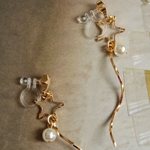 日系简约精致通勤简单五角星星珍珠细长线条垂坠流苏树脂耳夹无洞