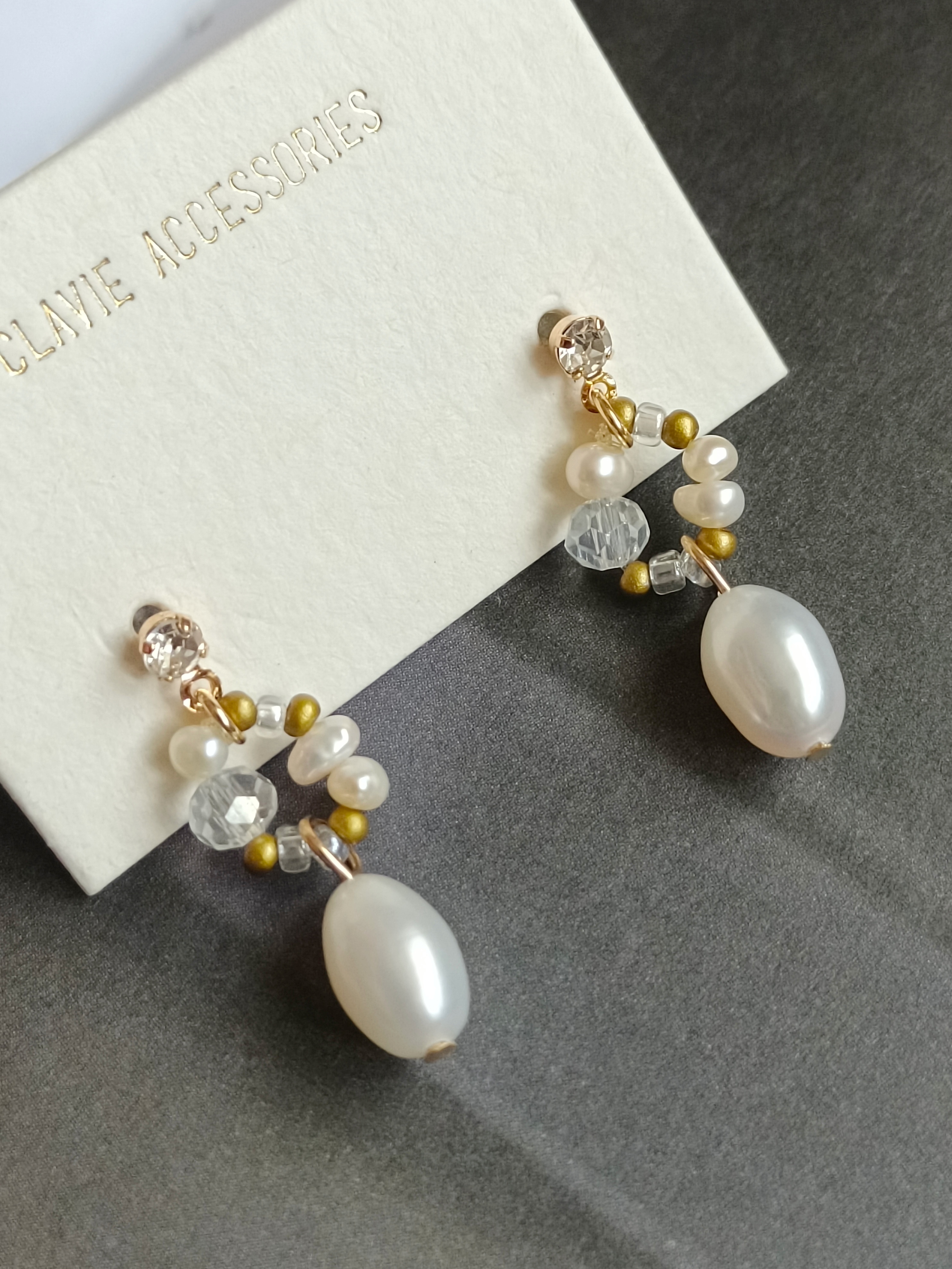 日系精致手作轻奢多宝水晶串淡水珍珠耳环无耳洞耳钉树脂耳夹u型