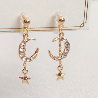 日系精致小巧星星月亮镶水钻美少女战士耳环U形耳夹无耳洞耳钉