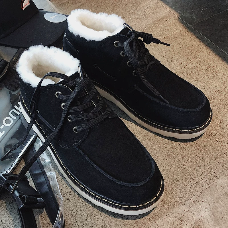 Fkktyуugg sheepskin and hair all -in -one snow boots men's short boots plus velvet cotton shoes northeast warm Martin boots