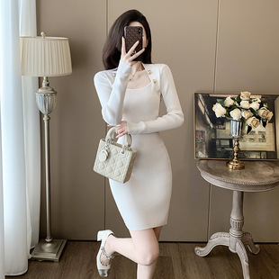 广州十三行女装新款白色连衣裙女2025年秋季长袖针织包臀裙小香风