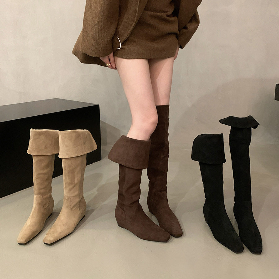 增高绒面过膝长筒靴女秋冬新款复古可翻折两穿堆堆靴高筒骑士靴子,女鞋,骑士靴,淘宝优惠券,粉丝福利购,淘宝优惠卷