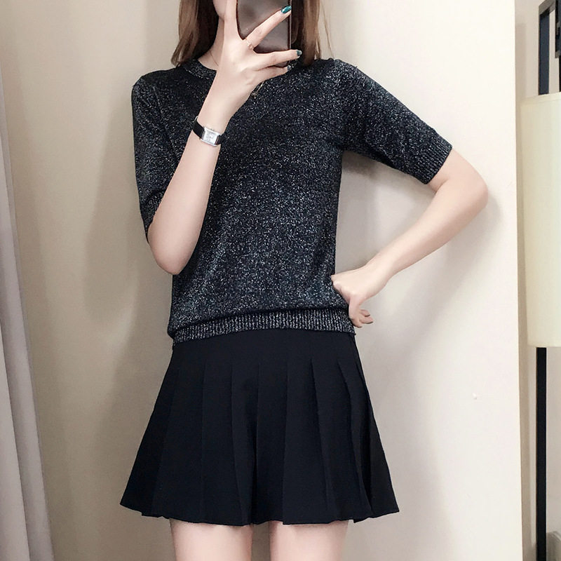 时尚套装女2023夏季韩版新款金丝T恤上衣百褶短裤裙两件裙子通勤图片