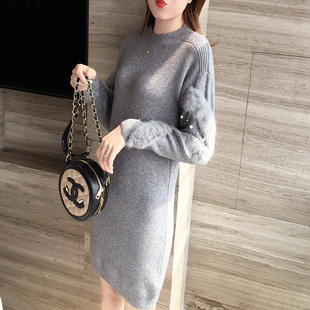 现货批发秋冬季中长款兔毛打底针织连衣裙女毛衣裙子显瘦