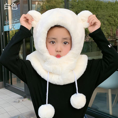 新款儿童帽子冬季保暖加厚毛毛帽子围脖一体防风帽套头护耳小熊帽