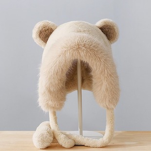 冬天毛绒帽子女新款可爱秋冬季小熊加绒帽护耳防寒保暖萌可爱暖和