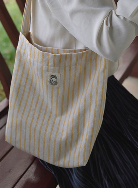 原创文艺森女布包小清新黄色条纹编织帆布包单肩包女大学生上课包