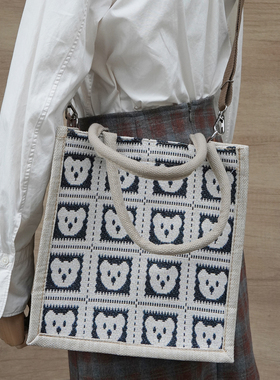 亚麻购物袋洋气百搭大容量方形上班通勤高级感斜挎手提两用包