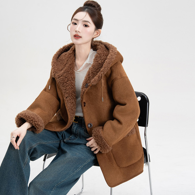 2025冬新款颗粒羊剪绒外套连帽宽松复合皮毛一体羊羔毛皮草大衣女