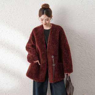 2025冬季新款安可拉红羊羔毛外套女复合皮毛一体大衣显瘦V领开衫