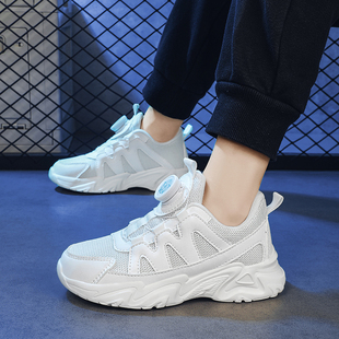 儿童小白鞋春秋季新款旋转纽扣男童白色运动鞋女童轻便防滑跑步鞋