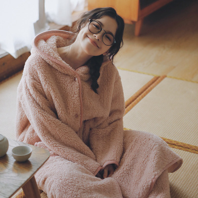 2025新款珊瑚绒睡袍女款秋冬季长款大码浴袍加厚连帽睡衣法兰绒冬