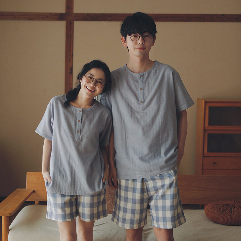 无印风格睡衣男女同款夏季短袖套装纯棉纱布可外穿情侣家居服