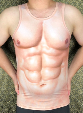 3D肌肉男背心t恤抖音猩猩创意假腹肌立体图案短T搞笑衣服年会表演