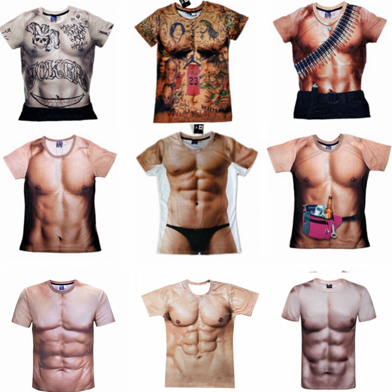 创意搞笑肌肉男t恤3D纹身衣服立体图案个性假腹肌胸肌肉短袖t恤潮
