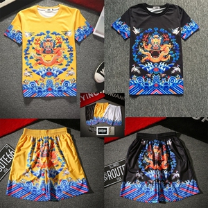 夏季民族风龙短袖男女装官服龙袍嘻哈沙滩五分短裤t恤情侣衣服 潮