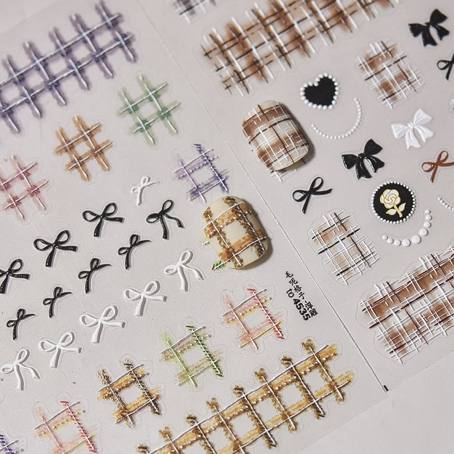 棕色毛呢格子浮雕立体美甲贴纸装饰指甲简约电脑手机壳平板贴画