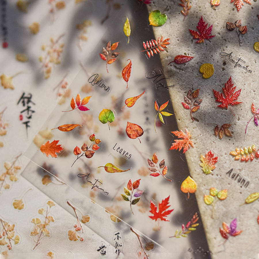 红色秋叶浮雕立体美甲贴纸美拉德装饰指甲电脑手机壳平板相机贴画