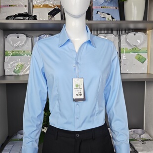 上班职业衬衣 女暗扣防走光正装 V领长袖 竹纤维免烫浅蓝斜纹衬衫