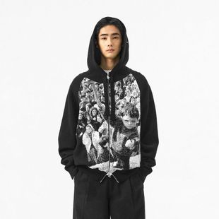 E帛跃美式 黑色街头连帽卫衣嘻哈高街复古亚文化外套男女 短款