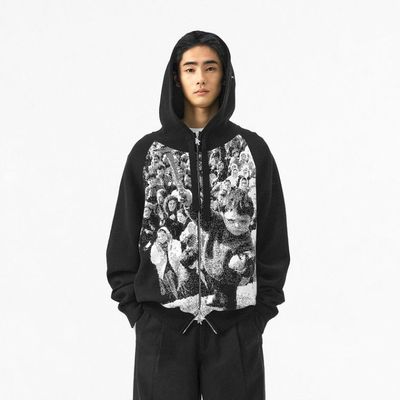 E帛跃美式短款黑色街头连帽卫衣嘻哈高街复古亚文化外套男女