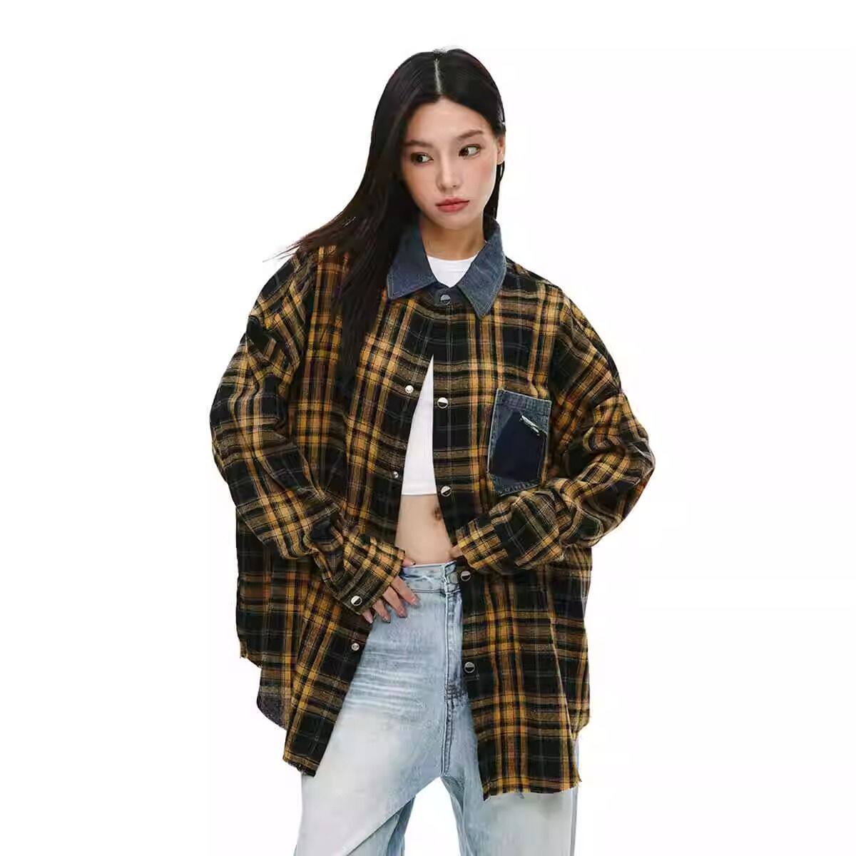 复古拼接牛仔宽松长袖格子衬衫女春秋2025新款衬衣外套上衣