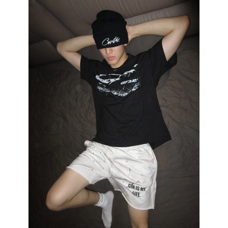 印花白灰色泼墨五分裤男生夏季街头设计感宽松休闲不过膝高街短裤,男装,短裤,淘宝优惠券,粉丝福利购,淘宝优惠卷