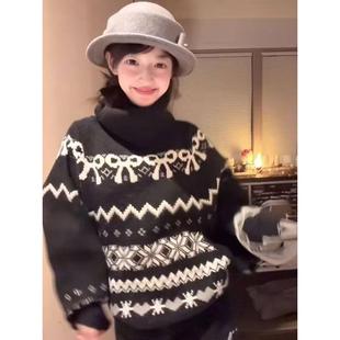 费尔岛套装女秋冬季小个子黑色加厚慵懒风针织高领毛衣可外穿内搭