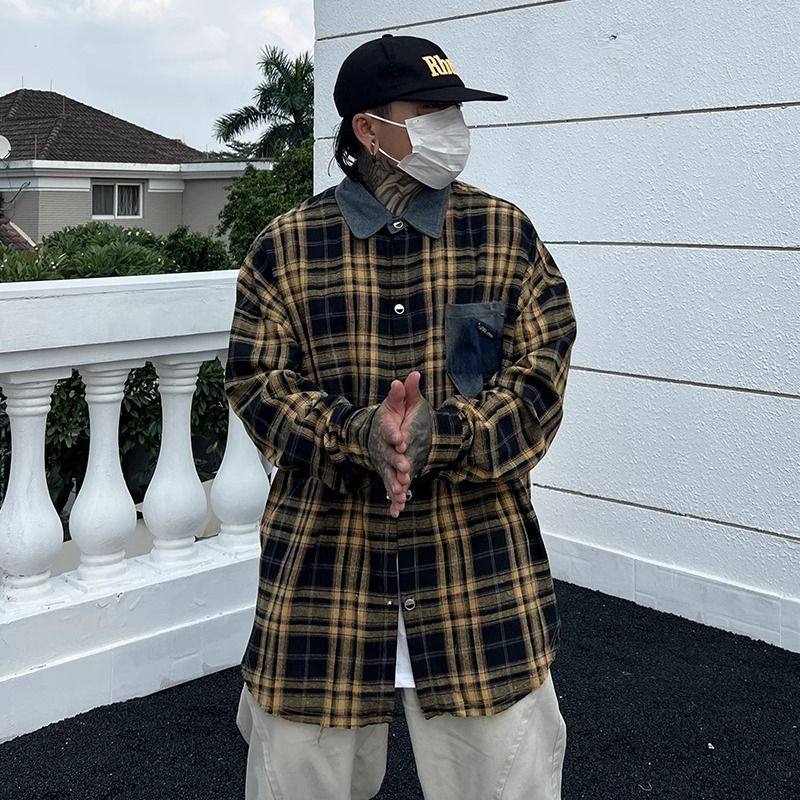 美式复古格子衬衫外套男小众高级感宽松潮牌痞帅休闲衫衣上衣外套