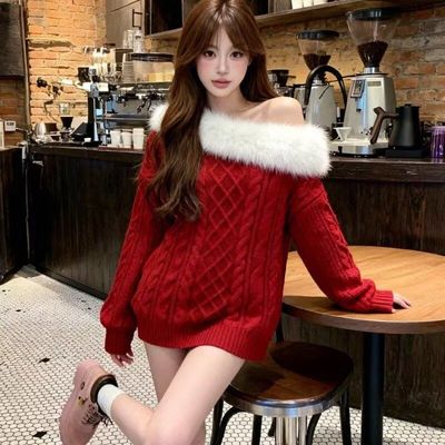 韩系一字肩毛领长袖毛衣女秋冬纯欲气质宽松显瘦慵懒套头露肩上衣