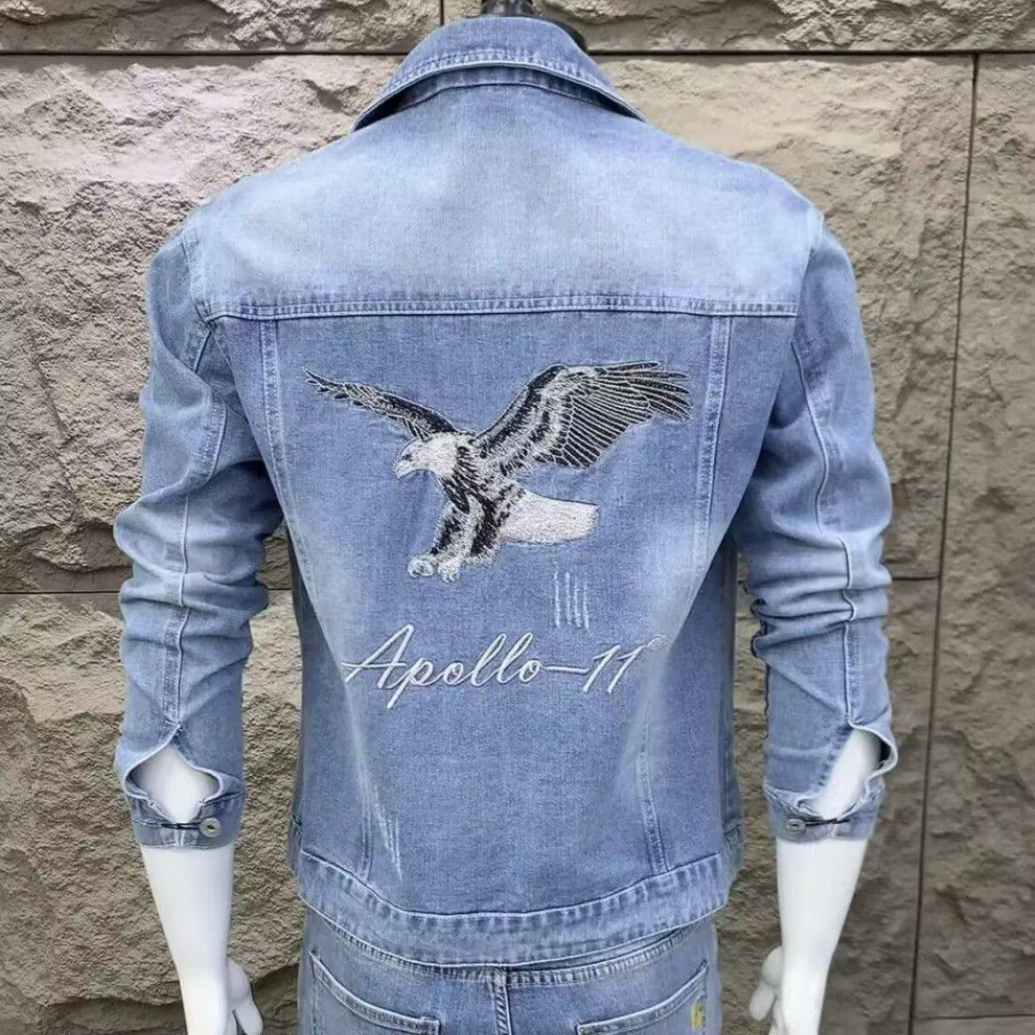 春秋外套男韩版翻领简约刺绣男士夹克新款痞帅网红精神小伙牛仔衣