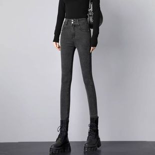 子 深灰提臀九分铅笔小脚裤 双扣高腰牛仔裤 女紧身弹力百搭修身