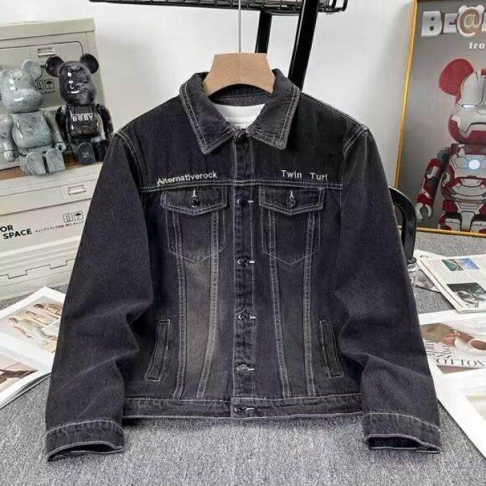 高定重结构设计重磅水洗黑色牛仔外套男士2025新款美式工装夹克男