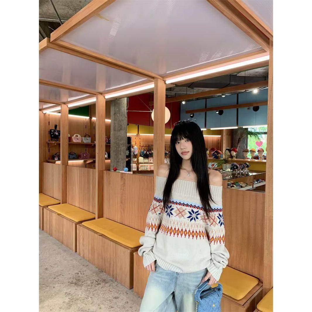 费尔岛新款雪花菱格提花一字肩针织衫女秋冬慵懒氛围感修身毛衣