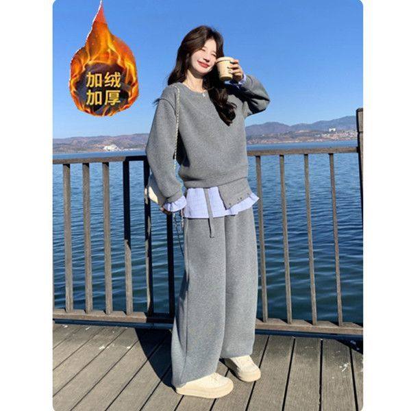 秋冬季宽松加绒加厚时尚套装女韩系学院风卫衣长裤休闲炸街两件套