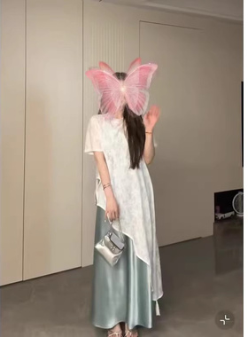 大码时尚套装裙女夏季新款胖MM遮肚吊带连衣裙不规则蕾丝衫两件套