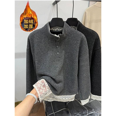 蕾丝拼接套头长袖立领加绒加厚卫衣女秋冬新款宽松假两件上衣潮