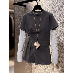 纯棉韩版 T恤女2026春季 新款 拼接灰色假两件上衣 收腰休闲百搭长袖