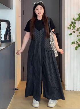 2026夏季气质大码女装胖mm短袖T恤+韩版条纹阔腿背带裤两件套套装