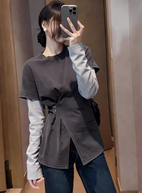 纯棉假两件拼接长袖t恤女2026年春季新款大码胖MM显瘦收腰上衣