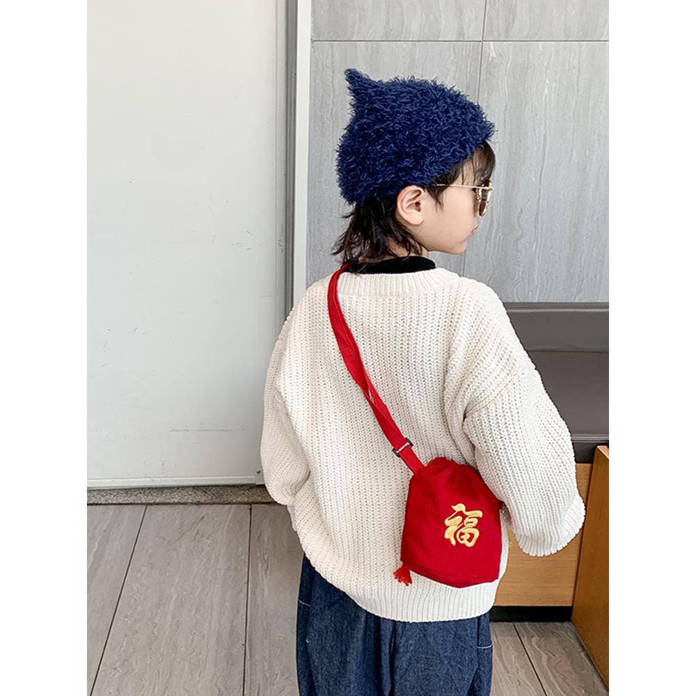 宝宝新年拜年包儿童小福袋零钱包女孩灯芯绒小挎包男孩配饰单肩包