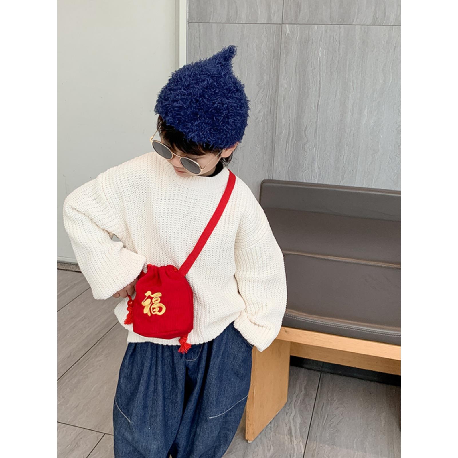 福字儿童斜挎包男孩可爱压岁钱包宝宝包包女童拜年零钱包新年挎包