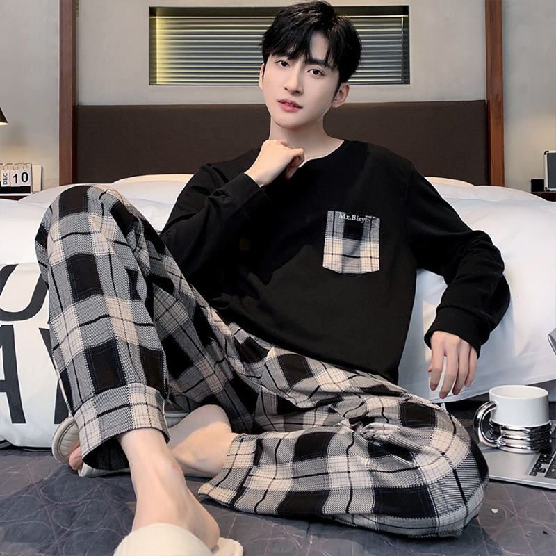 啄木鸟100%纯棉睡衣男士春秋季长袖全棉青少年学生休闲家居服套装