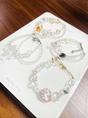 【晴山白水第二弹】原创设计师手链天然白水晶胶花黑发晶叠戴