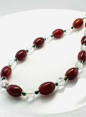 【海棠依旧】原创设计师项链天然白水晶松石老料红玛瑙女毛衣链