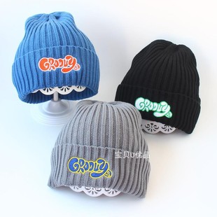 日系潮款儿童帽子秋冬薄款宝宝针织帽中大通毛线帽字母绣花套头帽